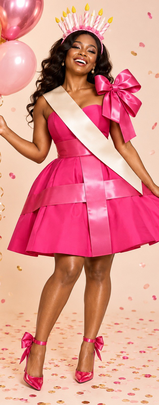 The You the Birthday costume: a hot pink dress wrapped in pink ribbon with a cream sash, a big shoulder bow, and a candle crown.