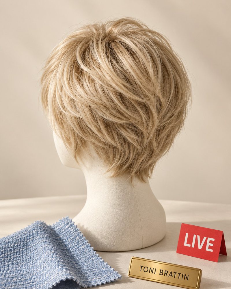 The Blowout: a short layered blonde wig on a foam head beside a blue tweed swatch, a gold name badge and a red LIVE tag.