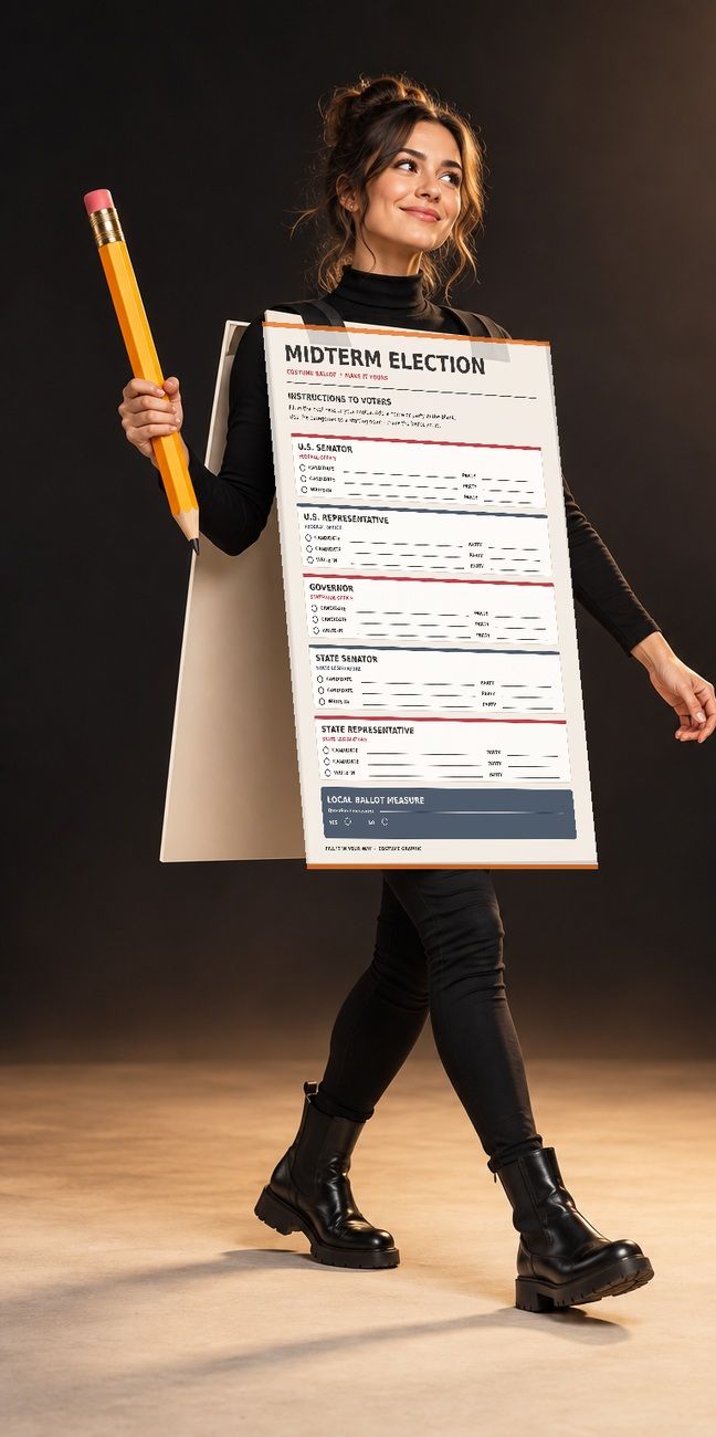 A woman in an all-black outfit wearing an oversized Midterm Election ballot board and carrying a giant pencil.